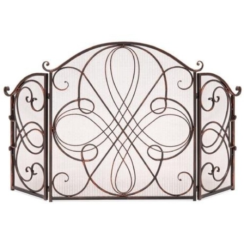 3-Panel Wrought Iron Metal Fireplace Screen Cover w/ Scroll Design  - Lot 907