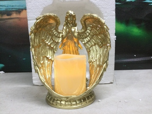 Carefree Fish Golden Angel Wing Praying Statue with LED Candle - Lot 666
