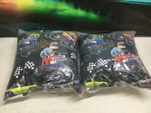 Lot of (2) Dinosaur Monster Truck Throw Pillows   - Lot 1044