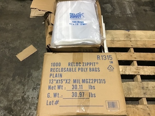 Lot of (2) Cases Reloc Zippit Reclosable Poly Bags 2-Mil, Clear, 13" x 15", 1000 ct  - Lot 803
