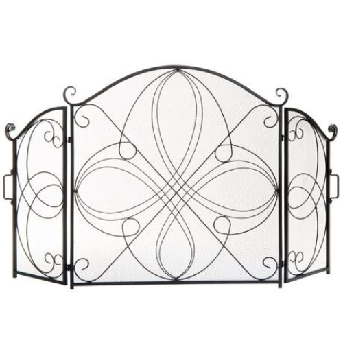 3-Panel Wrought Iron Metal Fireplace Screen Cover w/ Scroll Design  - Lot 1160