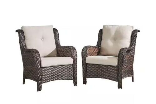 Pocassy Brown Wicker Outdoor Patio Lounge Chair with CushionGuard Beige Cushions, 2 Pack  - Lot 97