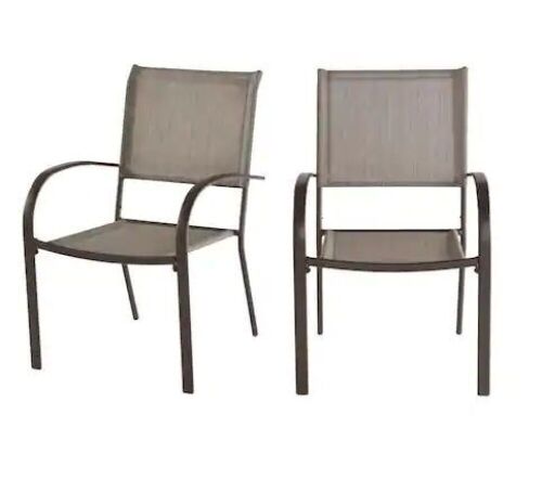 StyleWell Stationary Stackable Steel Split Back Sling Outdoor Patio Dining Chair in Riverbed Taupe Tan, 2 Pack - Lot 234