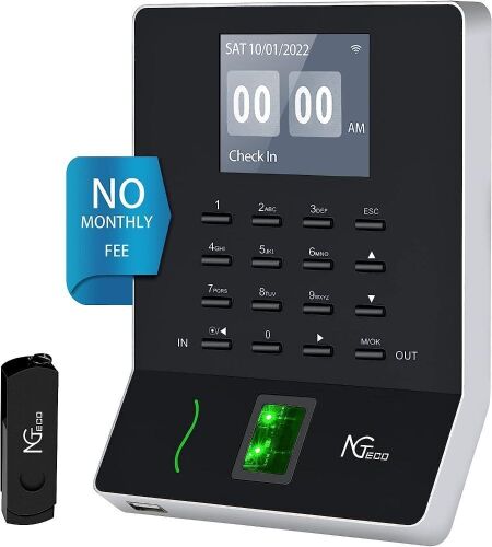 NGTeco W2 Biometric Employee Time Attandence Machine, Finger Scan, Automatic Punch, LAN WiFi, App for iOS/Android  - Lot 344