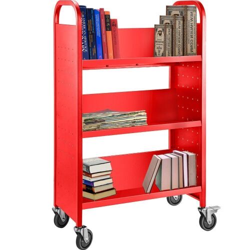 Library Book Cart 200lb with Single Sided V-Shaped Sloped Shelves in Red - Lot 360