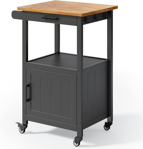 Qsun Rolling Kitchen Cart with Rubber Wood Countertop with Drawer, Shelf and Side Hook - Lot 370