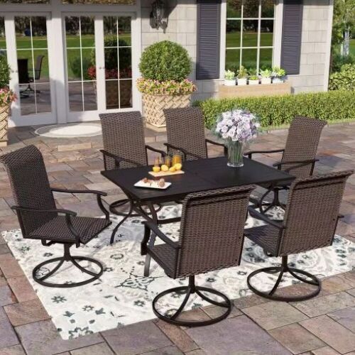 PHI VILLA 7-Piece Patio Outdoor Dining Set with Rectangle Slat Table and Rattan Swivel Chair - Lot 12