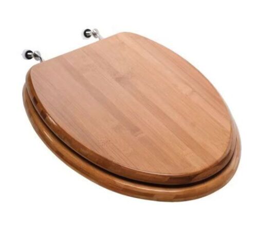 Premium Wood Elongated Closed Front Toilet Seat with Cover and Brushed Nickel Hinge in Piano Bamboo - Lot 443