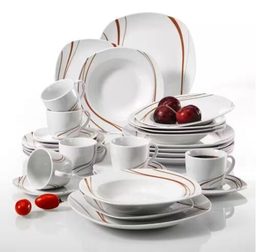 VEWEET Bonnie 30-Piece Ivory White Brown Lines Porcelain Dinner Set with Dessert Soup Dinner Plates Cups Service for 6 - Lot 303