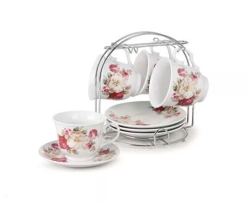 Lot of (2) Lorren Home Trends 8 oz. Coffee/Tea Cups On Metal Stand-Red and Ivory Flower, Set of 4  - Lot 301