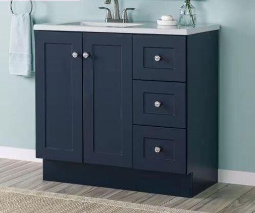 Glacier Bay Bannister 37 in. W x 19 in. D x 35 in. H Single Sink Bath Vanity in Deep Blue with White Cultured Marble Top - Lot 18
