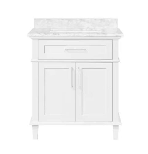 Sonoma 30 in. W x 22 in. D x 34 in. H Single Sink Bath Vanity in White with Carrara Marble Top - Lot 24