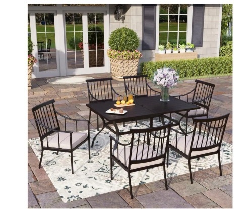 PHI VILLA Black 7-Piece Metal Patio Outdoor Dining Set with Slat Table and Stylish Arm Chairs with Beige Cushions - Lot 10