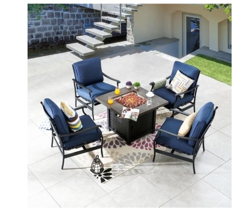 Patio Festival 5-Piece Metal Patio Fire Pit Seating Set with Blue Cushions - Lot 14
