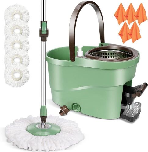 Midyb 360 Spin Mop and Bucket with Wringer & Foot Pedal, 5 Microfiber Pads - Lot 537