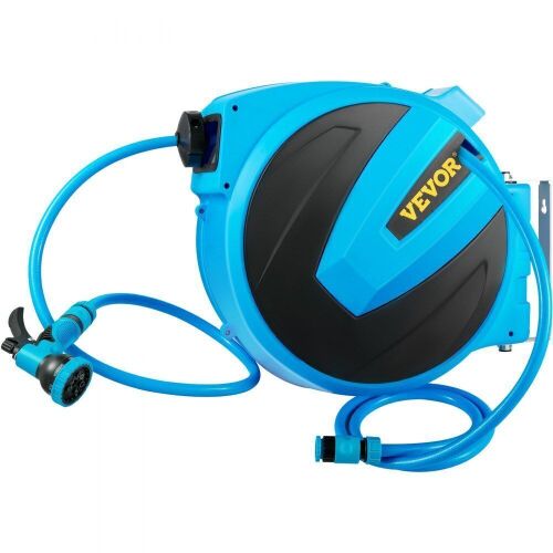 VEVOR  Wall Mounted Garden Hose Reel w/ 180° Swivel Bracket and 7 Pattern Hose Nozzle, 5/8 inch x 90 ft, Any Length Lock & Automatic Rewind - Lot 566
