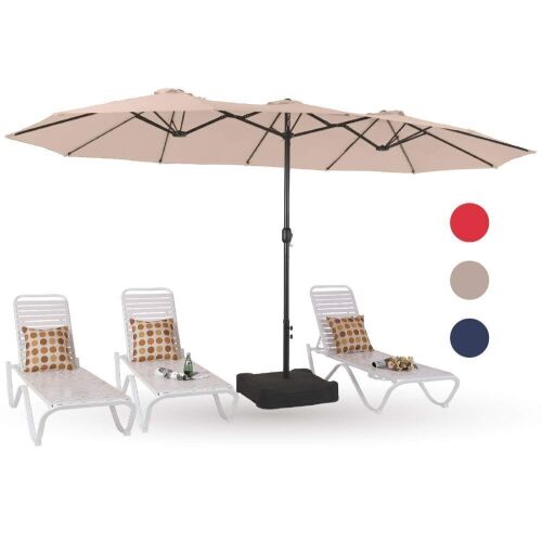 PHI VILLA 15 ft. Market Patio Umbrella 2-Side in Beige With Base - Lot 494