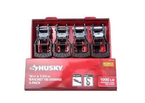 Husky 16 ft. 1.25 in. Ratchet Tie-Down Straps with S-Hook, 4-Pack - Lot 588