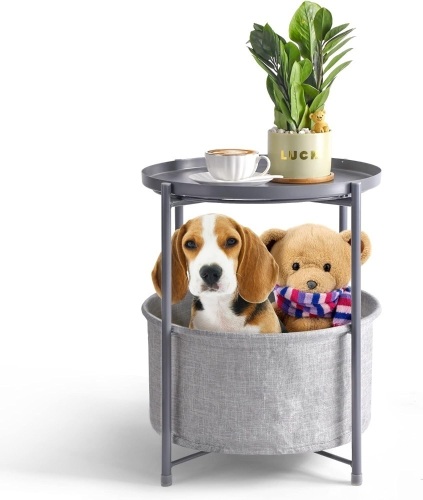 Round Side Table with Fabric Storage Basket, Round Nightstand,Metal Side Table,Coffee Table,Sofa Side Snack Table, End Table with Removable Tray Top - Lot 114