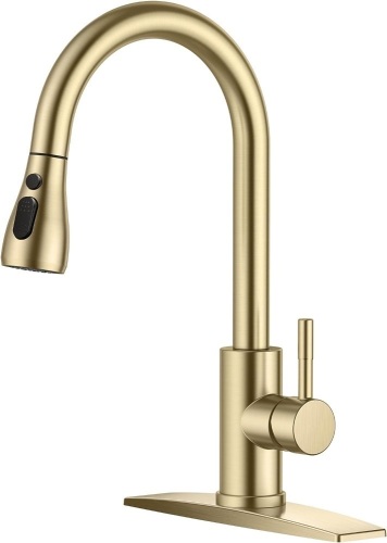 FORIOUS Gold Kitchen Faucets with Pull Down Sprayer, Kitchen Sink Faucet with Pull Out Sprayer, Fingerprint Resistant, Single Hole Deck Mount, Single Handle. - Lot 194