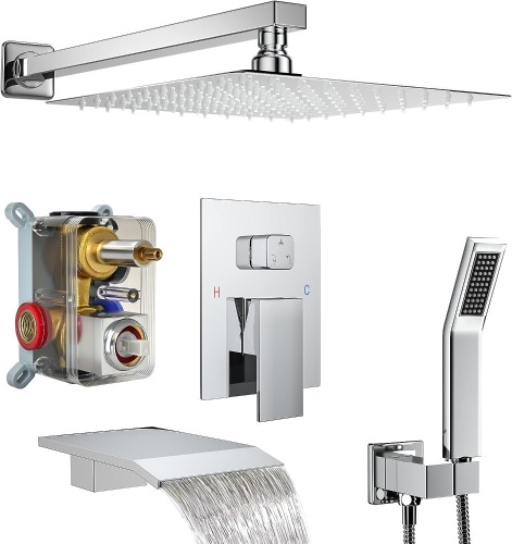 Fatspas Shower System with Tub Spout, Wall Mounted Shower Faucet Set for Bathroom with 12 Inch Rain Shower Head and Handheld Shower Head Set, Polished Chrome - Lot 195