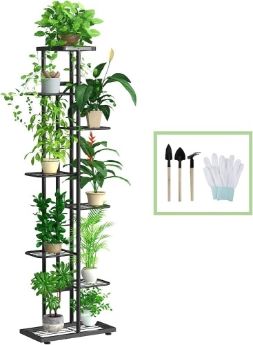 Corner Plant Stand Indoor 8 Tier 9 Potted with Gardening Tools and Gloves, Upgraded Tall Metal Plant Shelf Organizer Outdoor, Multiple Flower Holder Display - Lot 319