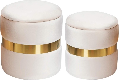 DEERUN Round Velvet Storage Ottoman Foot Rest Stool/Upholstered Footstool/Side Table Seat Make Up Stool with Stainless Steel Band, Pack of 2 (Beige) - Lot 326