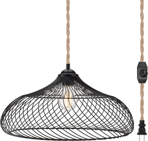 ROMGUAR CRAFT Plug in Pendant Light, Hanging Light with 15FT Plug in Cord & Dimmable Switch, Black Metal Lampshade Hanging Lamp for Kitchen Dining Room - Lot 327