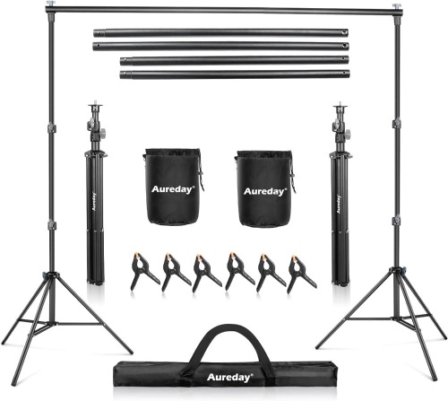 Aureday Backdrop Stand, 10x7Ft Adjustable Photo Backdrop Stand Kit with 4 Crossbars, 6 Background Clamps, 2 Sandbags, and Carrying Bag - Lot 350