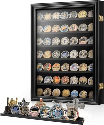 DecoWoodo Military Challenge Coins Display Case Wall Mount with HD Glass Door, 7 Rows Coin Holder Display Cabinet Rack Shadow Box with Removable 2 Grooves - Lot 366