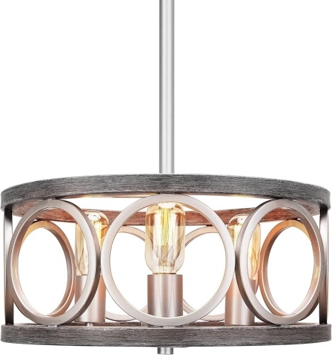 16'' Drum Chandelier, 3-Light Adjustable Height Round Dining Room Chandeliers, Brushed Nickel Gray Wood Grain Finish, Farmhouse Ceiling Light - Lot 367