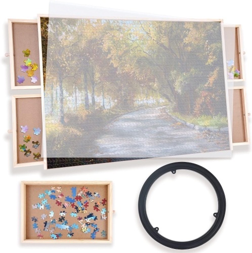 WOOD CITY Puzzle Board, 1000 Piece Wooden Jigsaw Puzzle Board with Drawers, 29” x 22” Portable Puzzle Table with Covers and Lazy Susan, Rotating Jigsaw - Lot 395