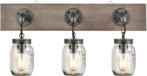 Farmhouse 3 Light Mason Jar Bathroom Vanity Lighting Wood & Glass Wall Lights - Lot 398