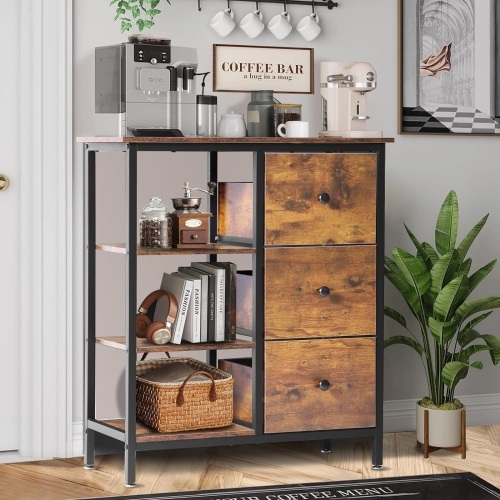 Farmhouse Coffee Station Cabinet with 3 Wooden Drawers & Shelves, Office Coffee Bar Cupboard with Storage, Brown Coffee Stand for Home, Kitchen Coffee - Lot 399