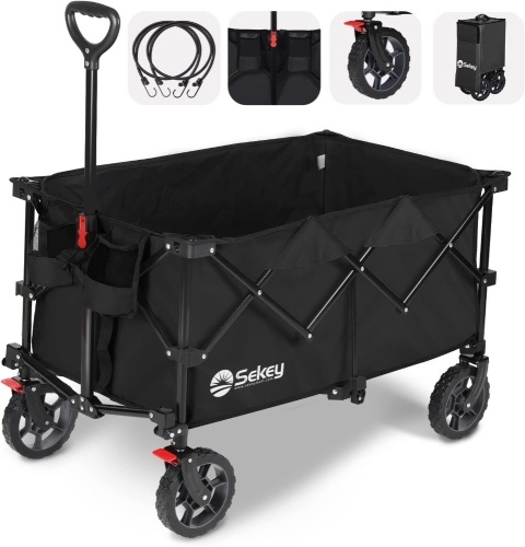 Sekey Collapsible Foldable Wagon with 220lbs Weight Capacity, Heavy Duty Folding Utility Garden Cart with Big All-Terrain Beach Wheels & Drink Holders.Black - Lot 408