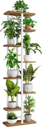 YOCOMEY Wood 8 Tier 9 Potted Tall Plant Stand Metal Rack, Multiple Flower Pot Holder Shelves Rack, Planter Shelf Display Rack Storage Organizer for Balcony - Lot 420