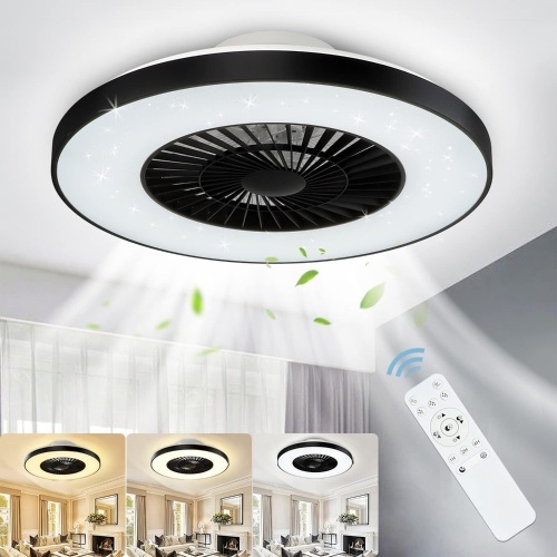DLLT Modern Ceiling Fans with Lights, 40W LED Dimmable with Remote, 7 Invisible Blades Semi Flush Mount Ceiling Fan Light, 3-Speed Indoor Low Profile - Lot 424