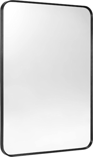 Minuover Wall Mount Mirror for Bathroom, Brush Black Metal Framed Rounded Corner Rectangular Vanity Mirror (24" x 36", Black) - Lot 425