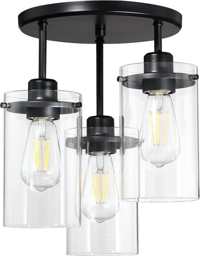 Sky Designer 3 Light Industrial Farmhouse Clear Glass Semi Flush Mount Pendant Ceiling Light Fixture Black Finish Bedroom Hallway Dining Room Entryway. - Lot 429