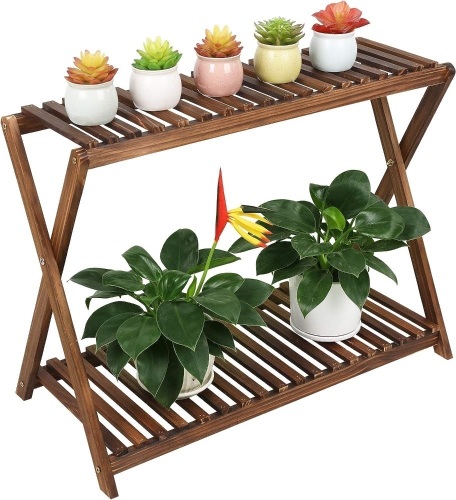 Wood Plant Stand Indoor Outdoor 2 Tiers Flower Stand Corner Stepped Planter Shelf Rack Flowerpot Holder for Plant Display in Patio Balcony Entryway - Lot 440