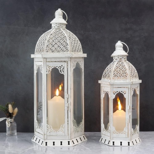 NEWIMAGE Set of 2 Decorative Candle Lantern 22"&17" H Outdoor Candle Lanterns Vintage Metal Candle Holder for Garden Living Room Indoor Outdoor... - Lot 475