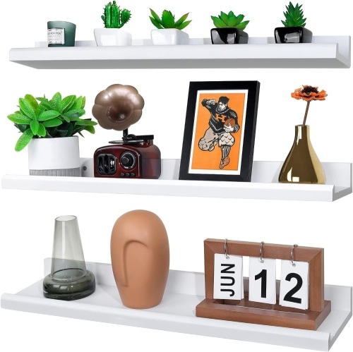 Annecy Floating Shelves Wall Mounted Set of 3, 24 Inch White Rustic Wood Shelves for Wall, Wall Storage Shelves with Guardrail Design for Bedroom, Bathroom,... - Lot 479