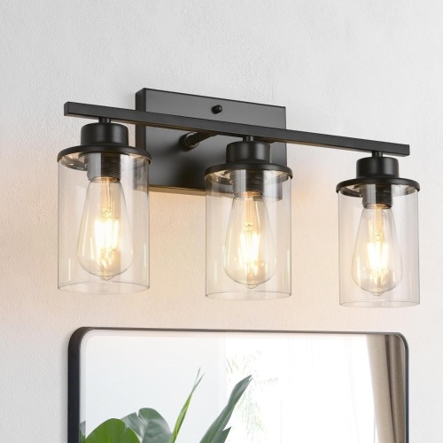 Black Vanity Lights Over Mirror, 3-Lights Bathroom Light Fixtures With Clear Glass Shade, Modern Industrial Farmhouse Wall Sconces Wall Lamp Over Sink - Lot 496