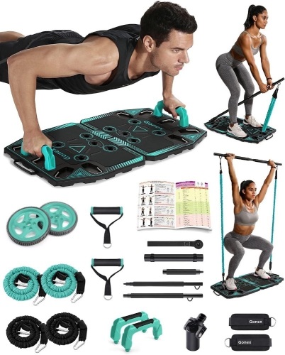 Gonex Portable Home Gym Workout Equipment with 14 Exercise Accessories Ab Roller Wheel,Elastic Resistance Bands,Push-up Stand,Post Landmine Sleeve and More - Lot 497