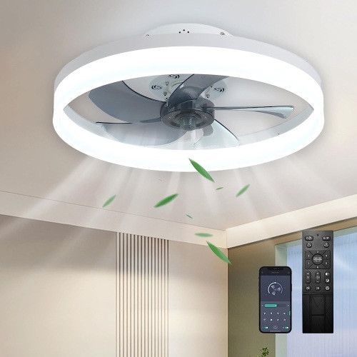 20" Ceiling Fan with Lights Remote Control, Modern Enclosed Bladeless Ceiling Fan, Dimmable LED 3 Color 6 Speeds Timing Reversible Blades, Indoor Flush - Lot 559A