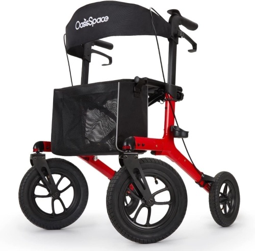 OasisSpace Pneumatic Rubber Rollator Walker with Seat - 12" Wheel Beach Aluminum Rollator Walker for Outdoors, Mobility Walking Aid for Elderly - Lot 561