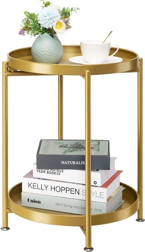 danpinera 2-Tier End Table, Outdoor Side Table Metal Round Side Table with Removable Tray, Small Folding Accent Table, Anti-Rust Nightstand for Bedroom - Lot 566