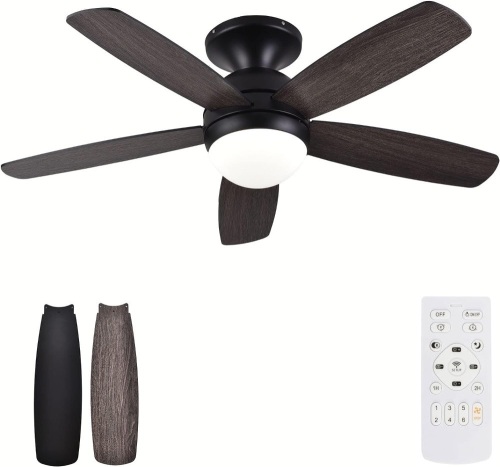 ARONKID 52 Inch Flush Mount Ceiling Fan with Lights and Remote,Black Outdoor Ceiling Fans Lights,Dimmable,Tri-Color Temperatures(3000K-6000K), - Lot 568