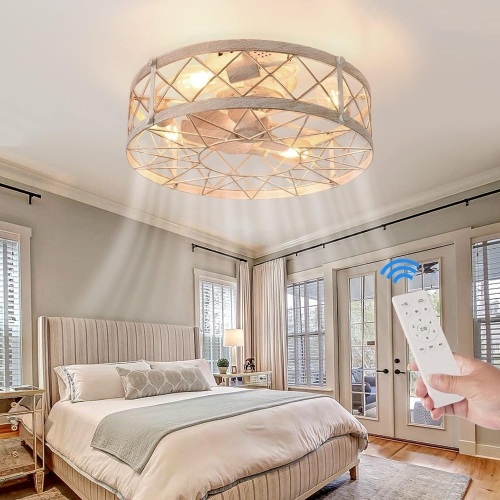 Retro Caged Ceiling Fan with Light, 20" Flush Mount Fans Lights Remote Control, 6 Speed Low Profile Reversible Motor for Bedroom Kitchen Living Room (Bulbs Not Included) - Lot 582