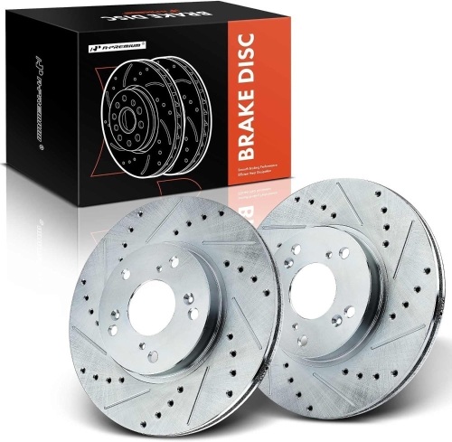 A-Premium 11.10 inch (282mm) Front Drilled and Slotted Disc Brake Rotors Compatible with Select Honda and Acura Models - CR-V 2002-2004, Civic - Lot 591